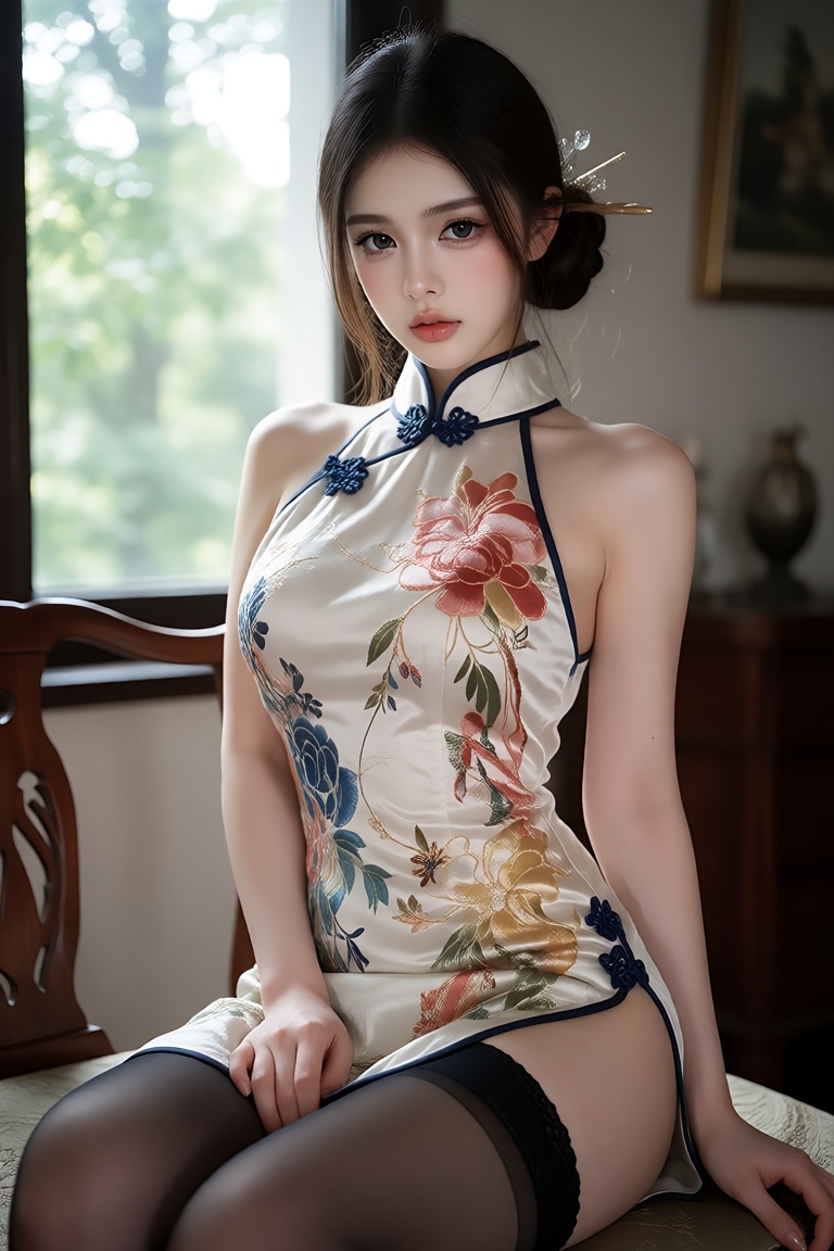 "Masterpiece hyper-realistic RAW photo,  a stunning Chinese beauty wearing an exquisitely embroidered qipao and black shee...