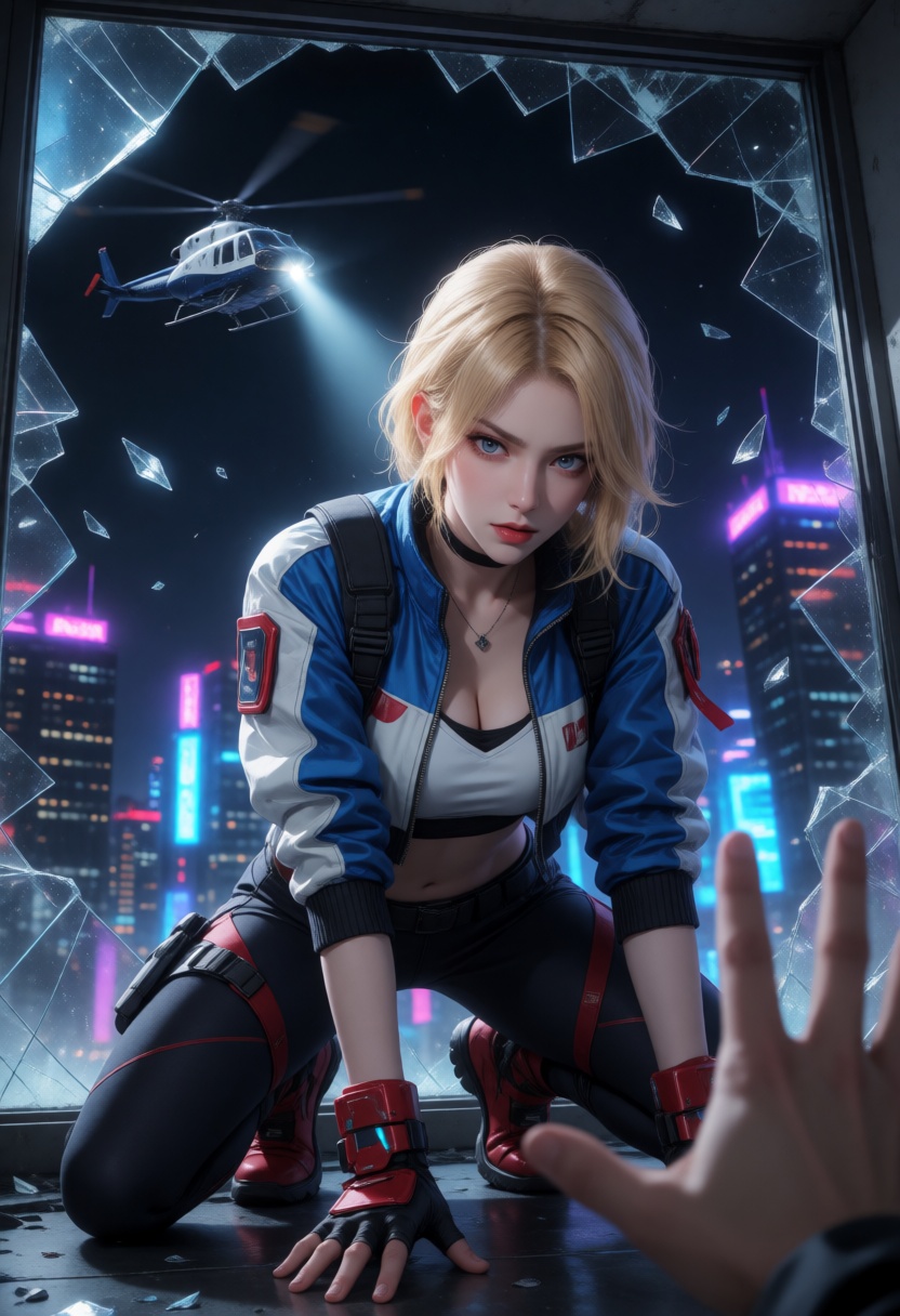 A high-quality digital anime-style illustration of a powerful blonde-haired woman with an intense expression,  crouched in...