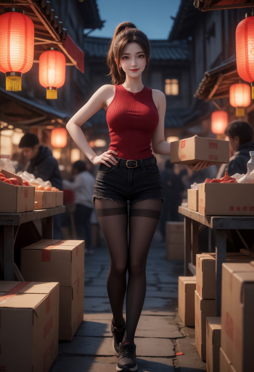 A high-quality,  cinematic 3D render of a beautiful young woman standing in a bustling night market. She has a high ponyta...