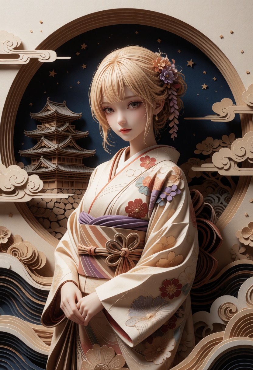 A stunning,  intricate 3D paper-cut art piece featuring a beautiful anime-style girl wearing a detailed traditional Japane...