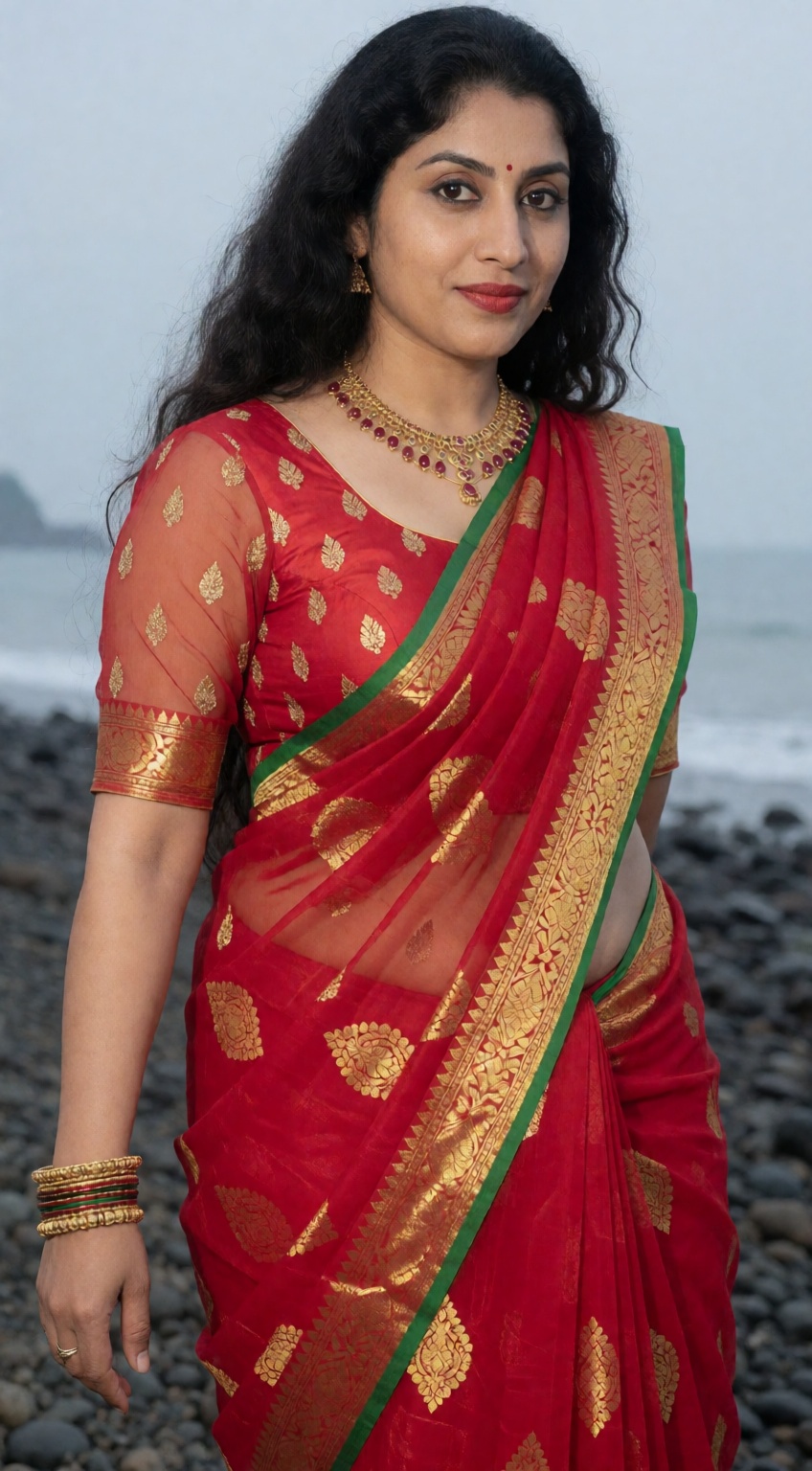 Photograph of a beautiful South Asian woman with long,  wavy black hair standing on a rocky beach. She has a medium brown...
