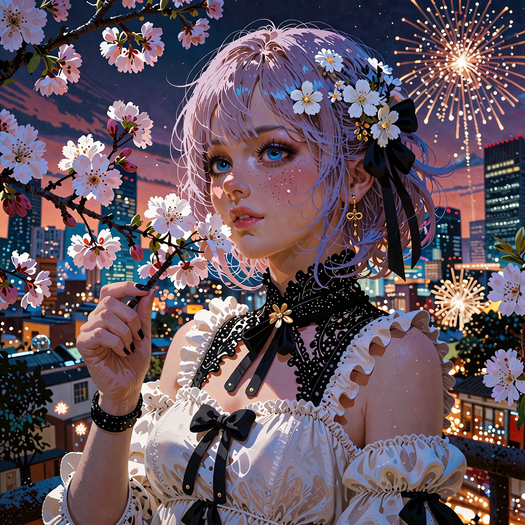 The image depicts a character with short,  light purple hair adorned with white flowers and a black ribbon. The character...