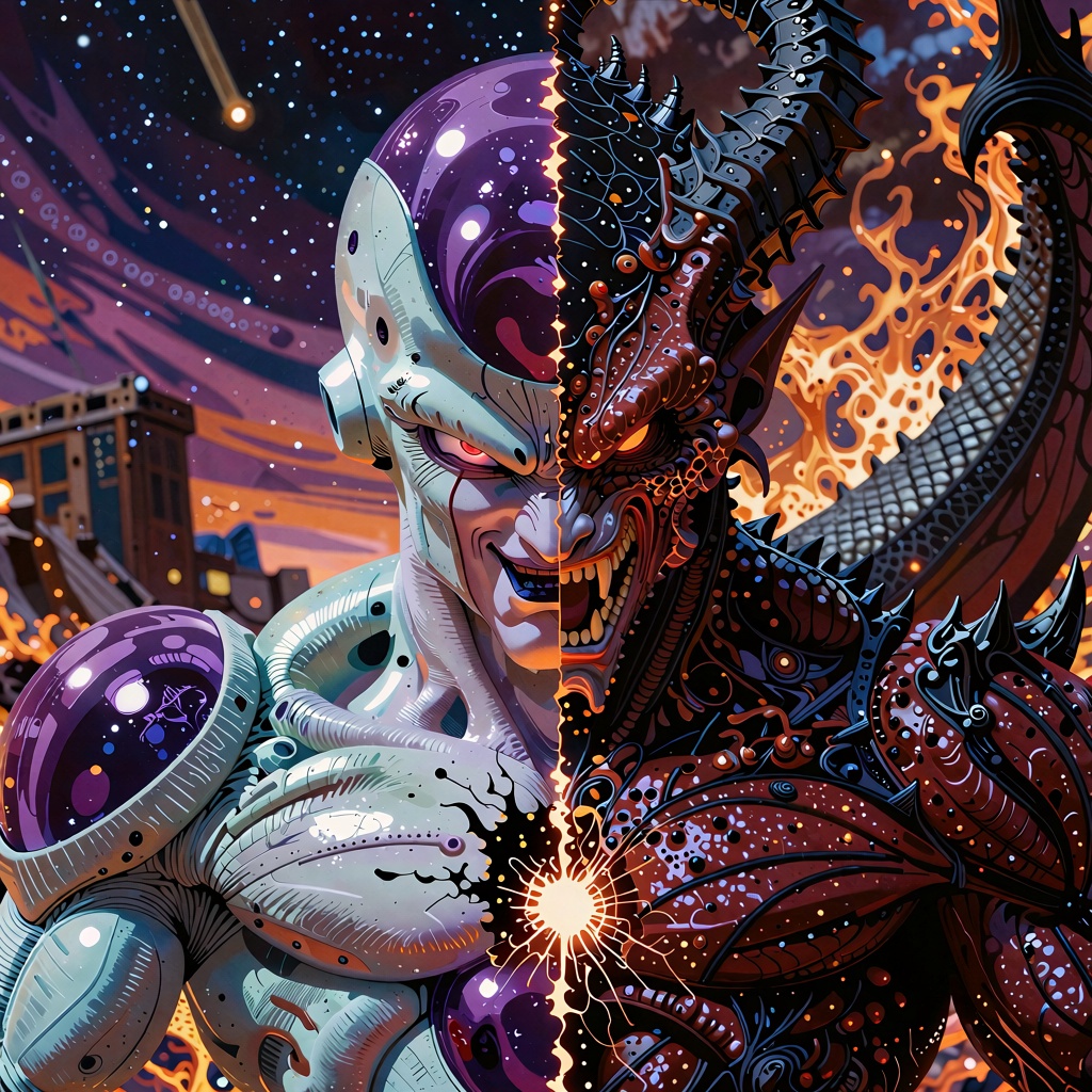 A symmetrically split character: the left half is Frieza in final form,  sleek white and purple body,  cold sinister smirk...