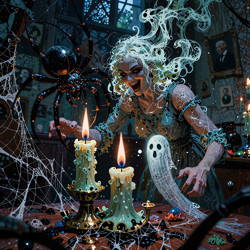 a fSpell: The dark room is filled with cobwebs,  with a large spider hovering above it. A fluorescent green candle burns....