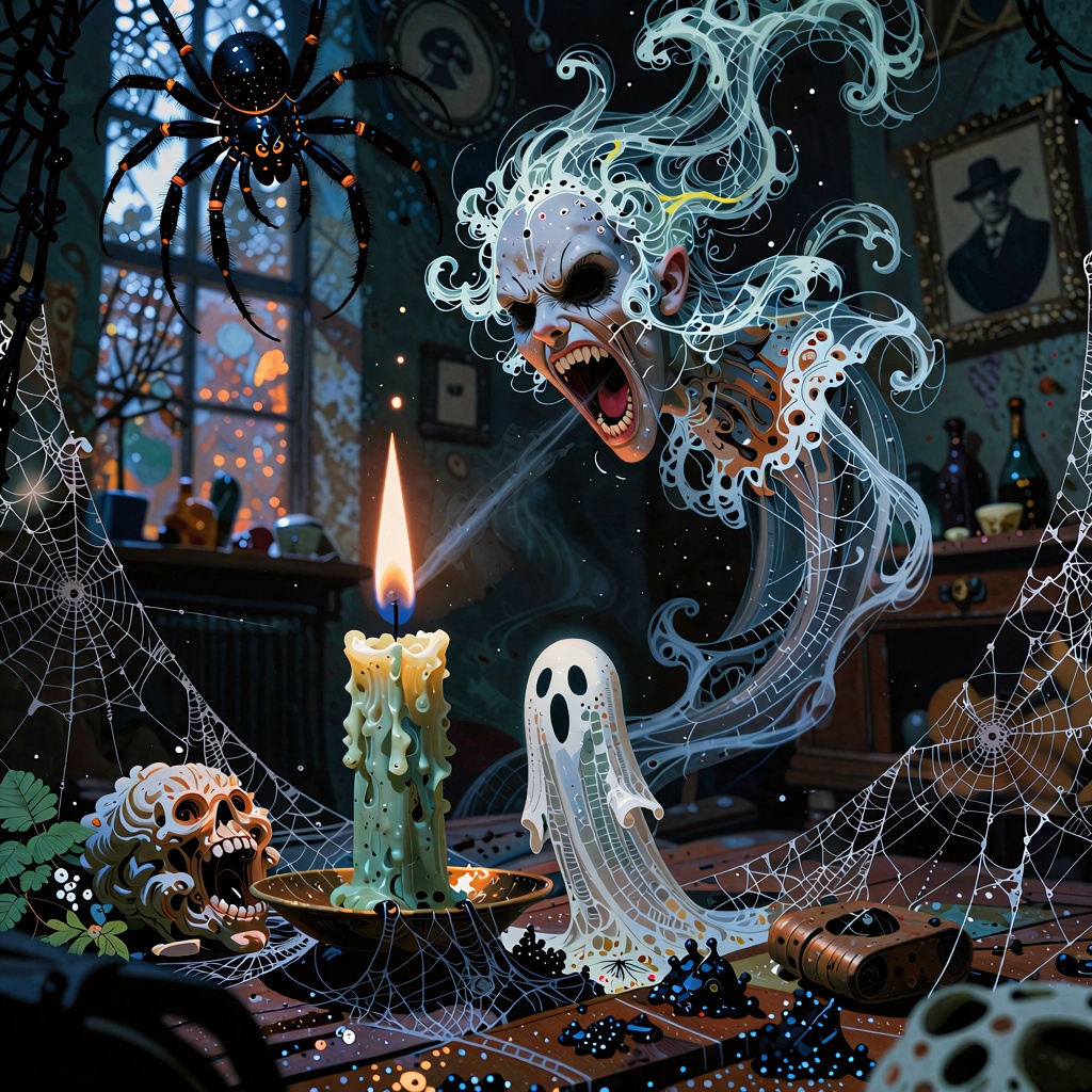 a fSpell: The dark room is filled with cobwebs,  with a large spider hovering above it. A fluorescent green candle burns....