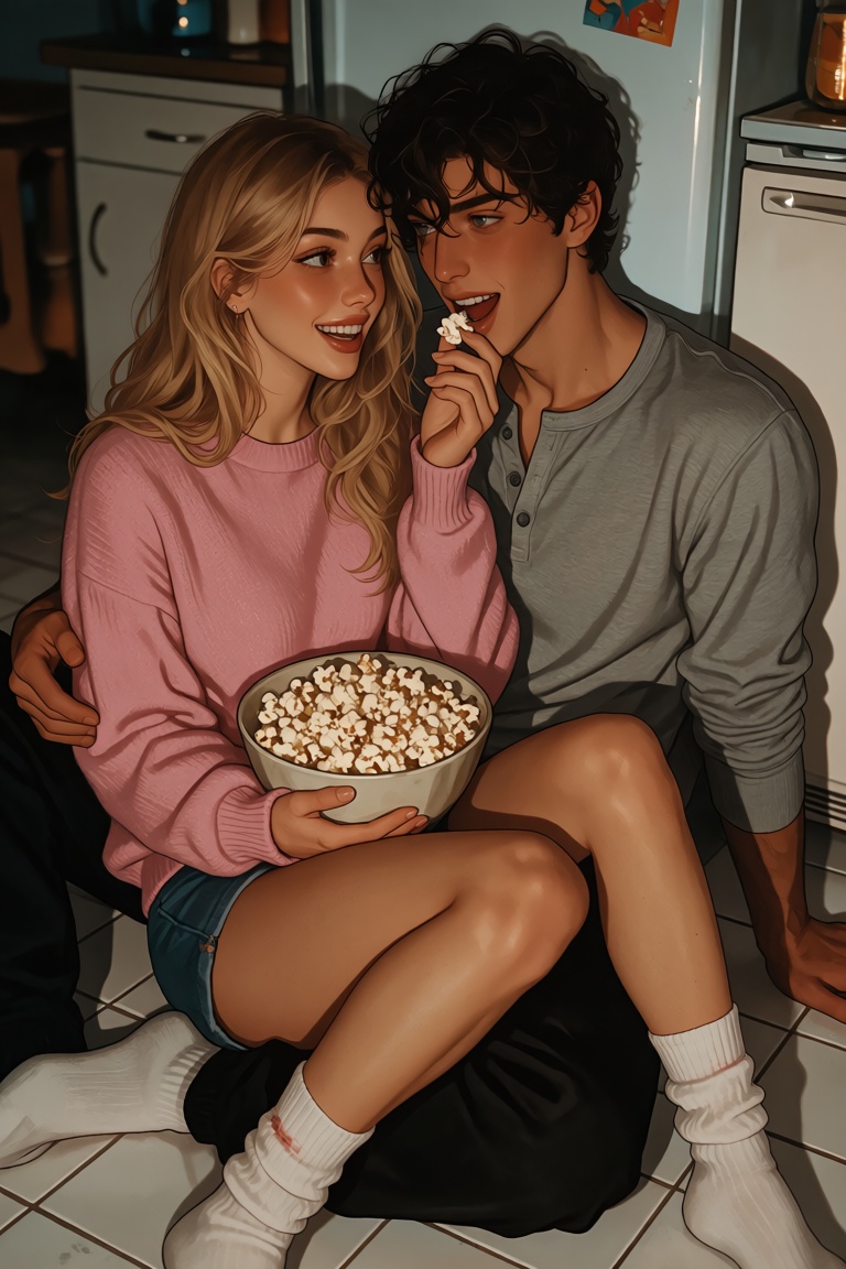 A young couple sits on a kitchen floor with white tiles. The woman has long blonde hair and brown eyes; she wears a pink s...