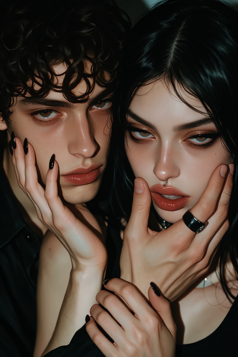 portrait where a young man with dark curly hair and brown eyes holds the face of a young woman with long black hair and da...