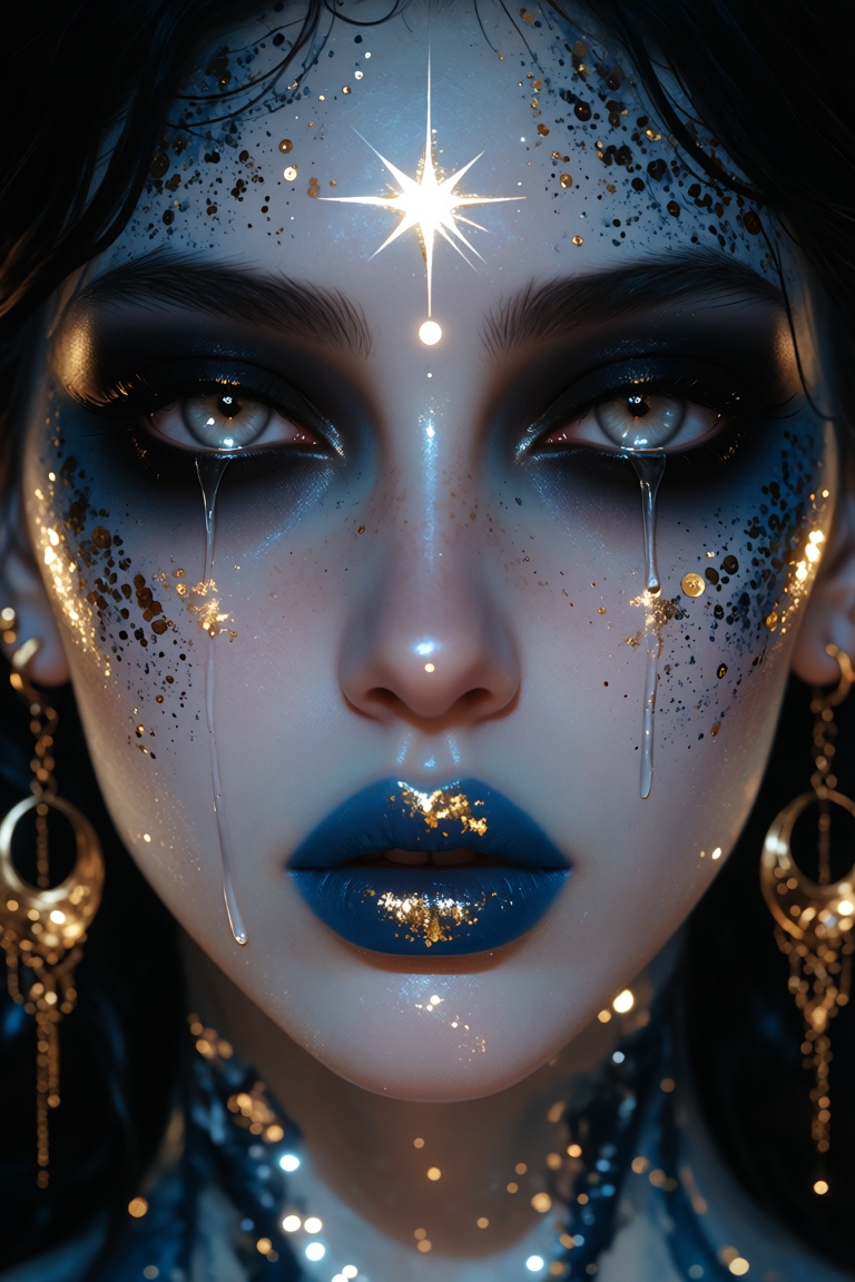 A close-up of a mystical woman,  perfectly symmetrical and centrally positioned,  with pale porcelain skin dusted with dar...
