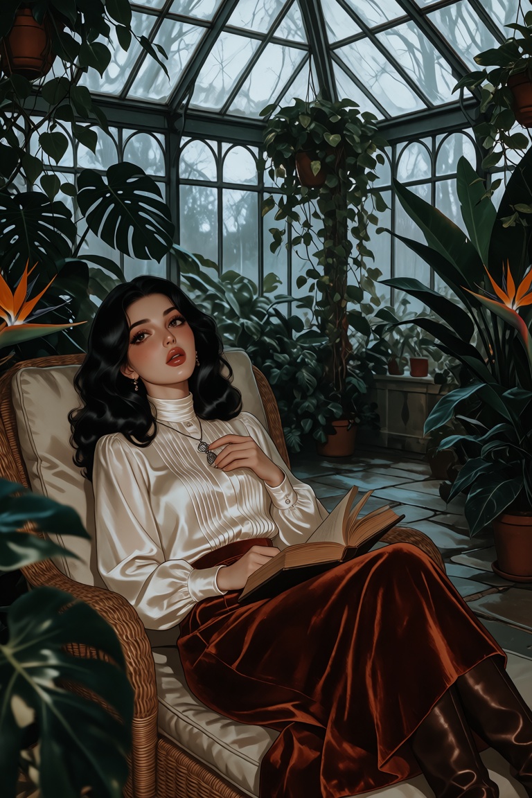 A woman in her late twenties reclines on a wicker chaise in a winter garden,  a book open on her lap but forgotten as she...