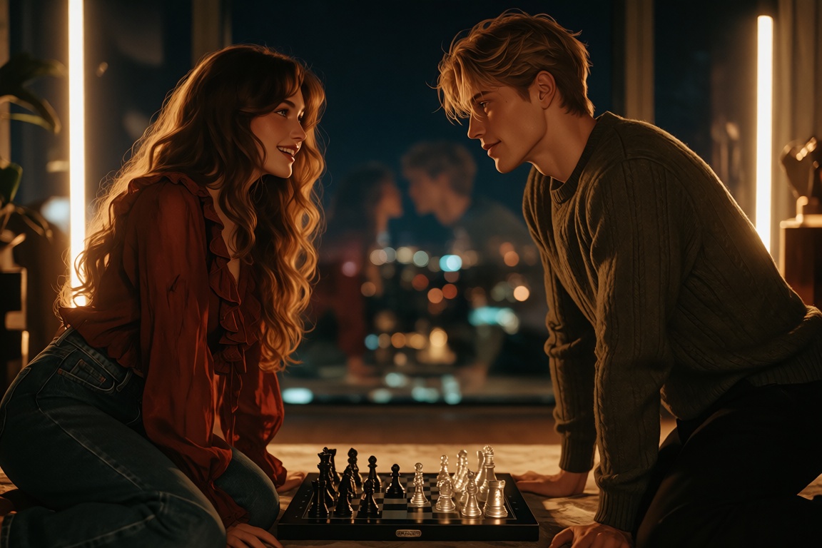 Two people are sitting on their knees facing each other behind a glass chessboard lying on the floor between them,  in a d...
