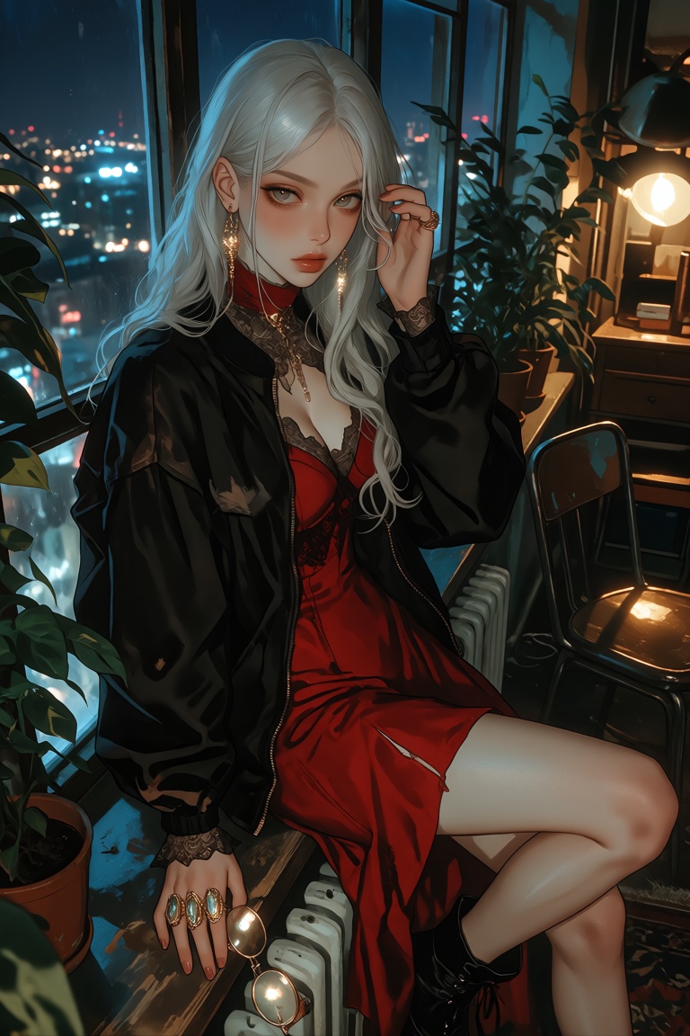 A young woman with long,  flowing silver hair sits waist-deep on a wide windowsill,  turned sideways. One foot is casually...