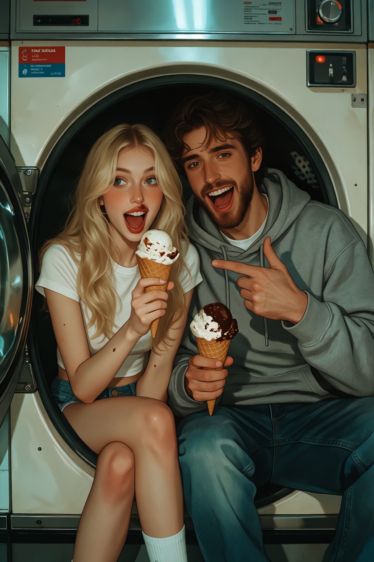 A young man with a beard and brown eyes and a young woman with long blonde hair and blue eyes sit in a laundromat. They si...