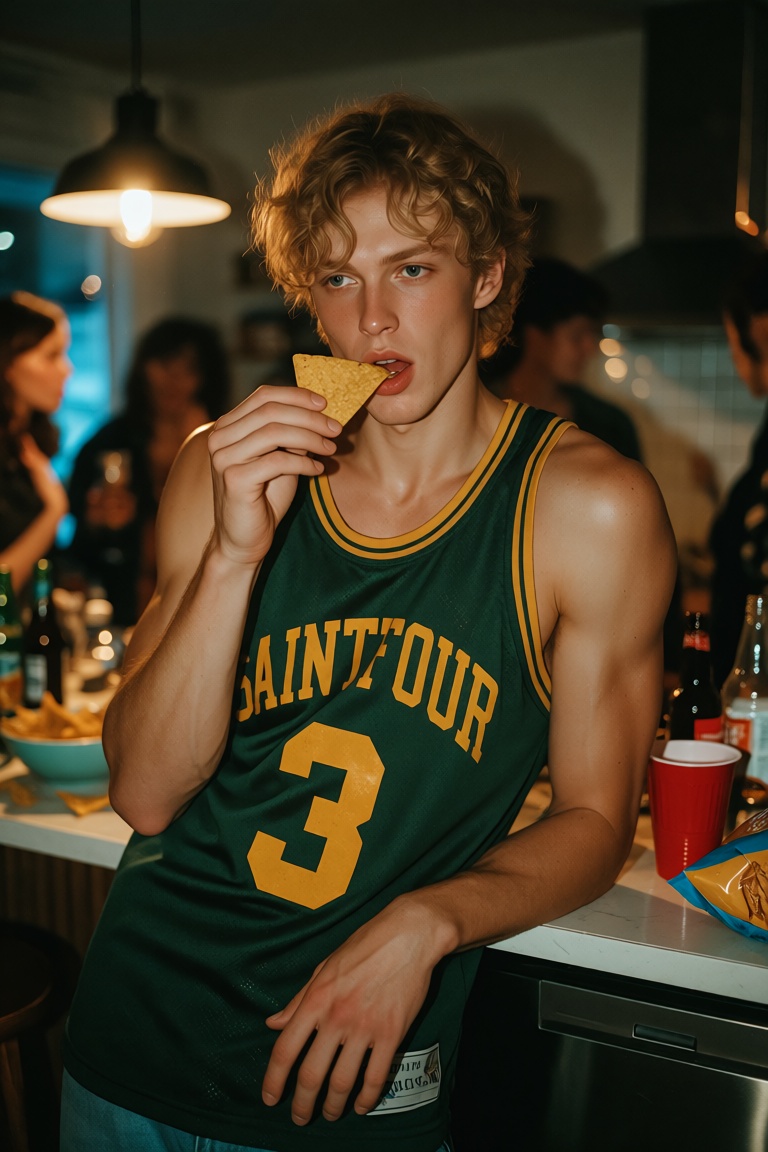 Candid cinematic portrait of a young blond curly man at a house party wearing a vintage green basketball jersey reading "S...