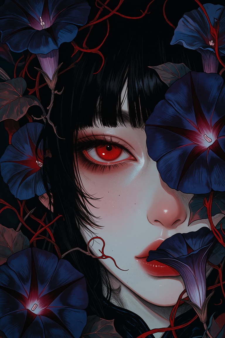 A young woman with jet-black,  straight bangs and porcelain-pale skin stands out with a single,  striking blood-red eye th...