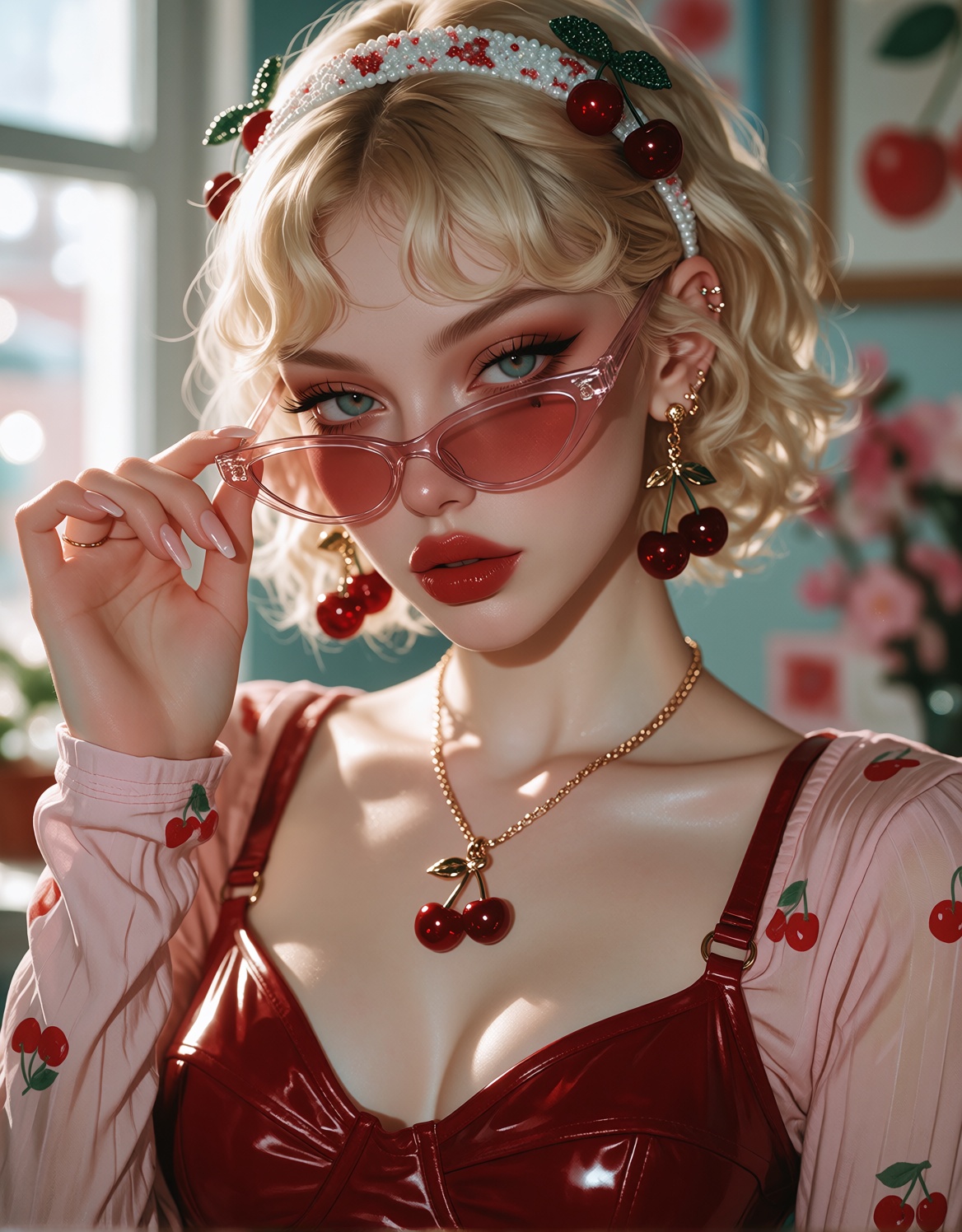 Ultra-detailed portrait of a young woman with short wavy blonde hair and wispy bangs,  wearing a beaded cherry headband an...
