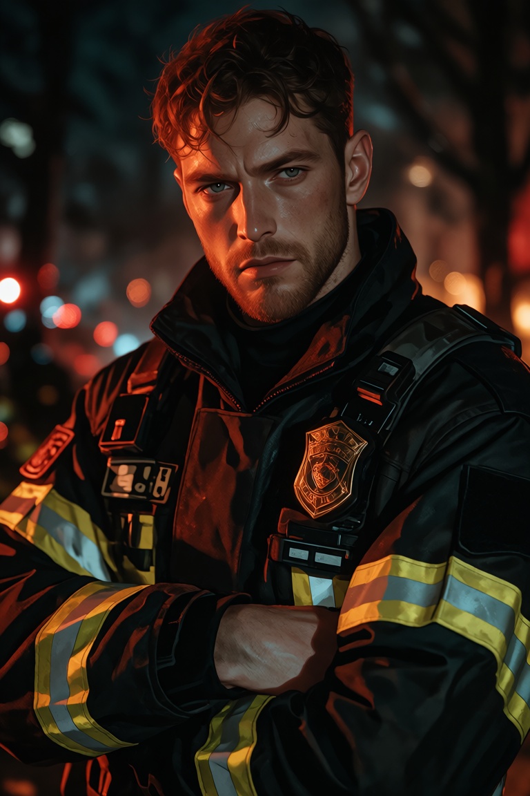 A medium shot of a rugged young man with short,  wavy reddish-brown hair and a trimmed,  stubble-covered beard. He stands...