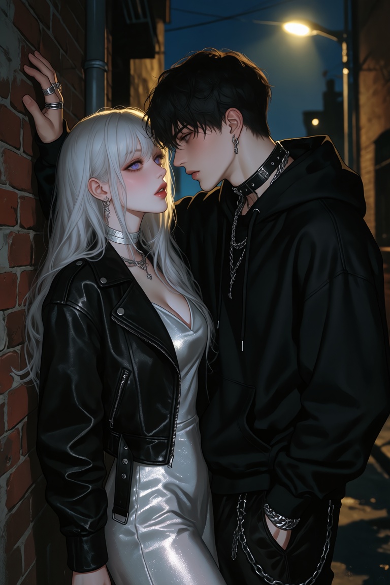 A young woman with long silver hair and violet eyes and a young man with black hair and gray eyes stand in a narrow alley...