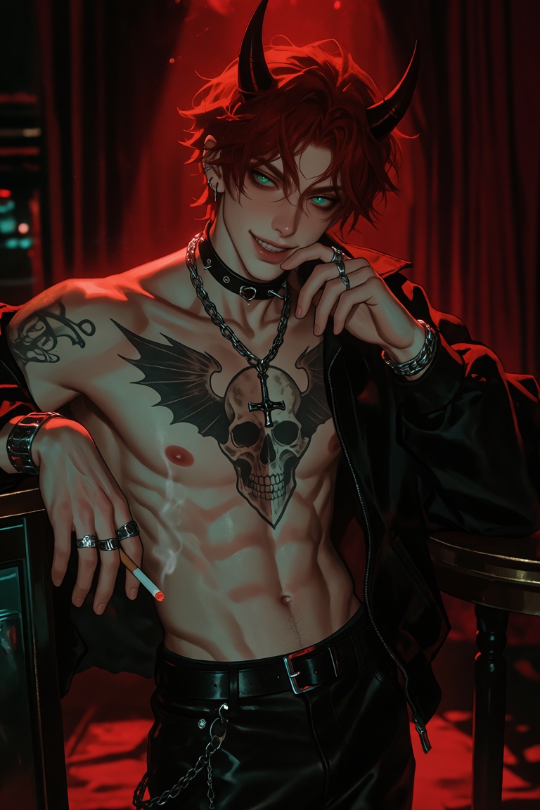 In a dimly lit room adorned with crimson curtains,  a young man with fiery red hair and emerald eyes stands. Two small,  s...