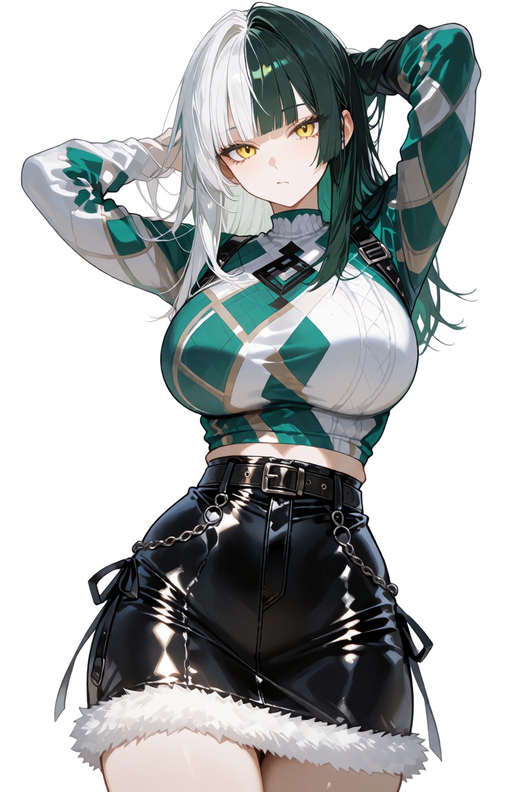 this is a digital anime-style illustration of a young woman with a striking appearance,  she has a fair skin tone and is d...