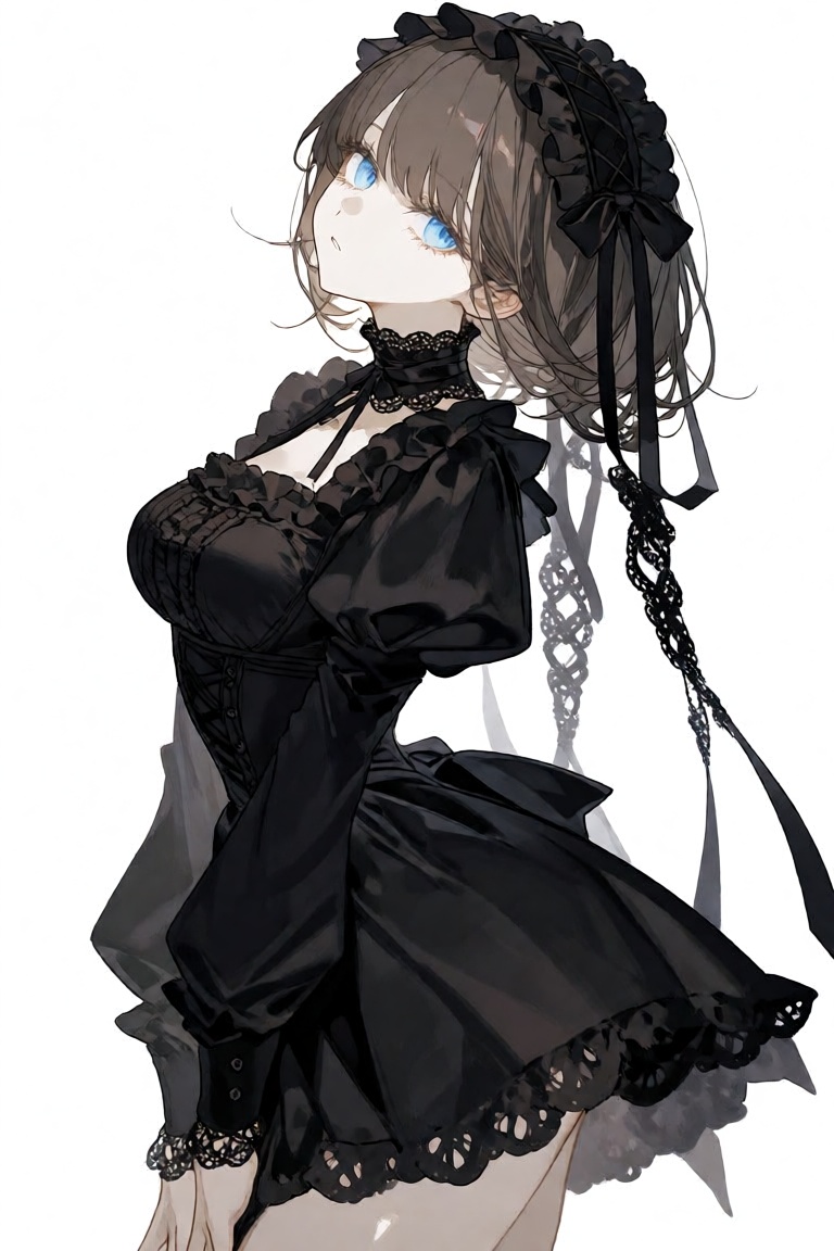 this is a digital anime-style illustration of a young woman with pale skin and striking blue eyes,  she has short,  brown...