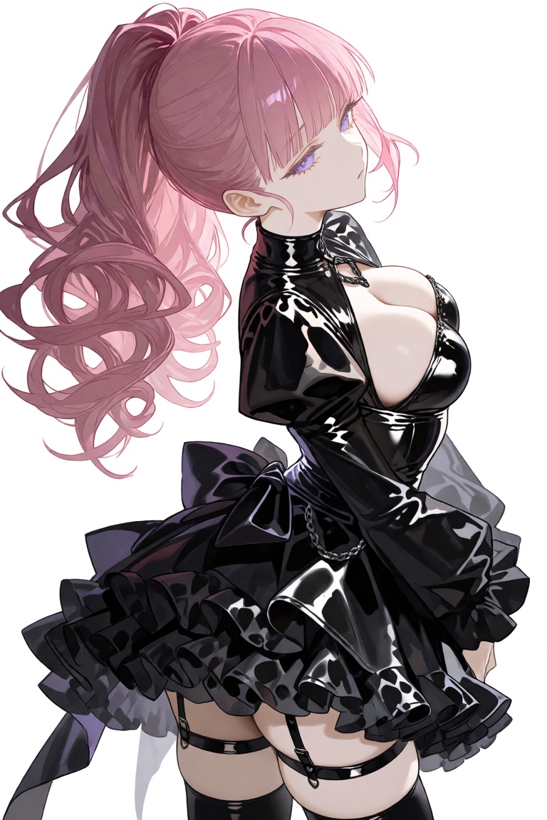 this is a digital anime-style illustration of a young woman with long,  wavy pink hair tied in a high ponytail,  she has f...