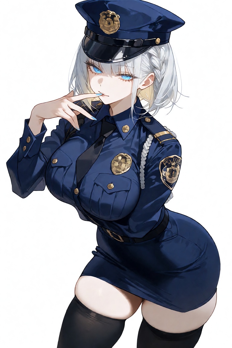 this is a digital illustration of a sexy,  anime-style female police officer in a provocative pose,  she has short on Tens...