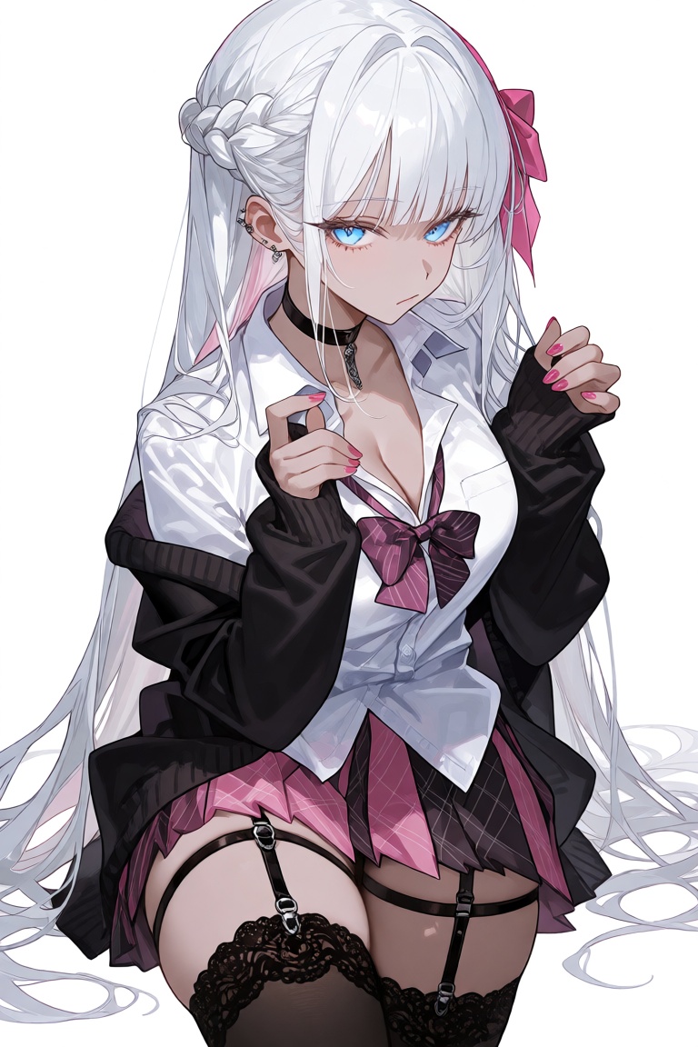 this digital anime-style illustration features a young woman with long,  flowing white hair,  adorned with a pink ribbon o...