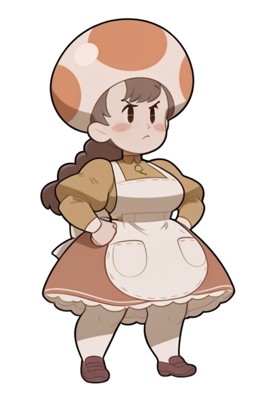 Tavern Keeper Toad Mushroom head with orange and white polka dot pattern,  fair skin,  brown hair on Tensor.Art