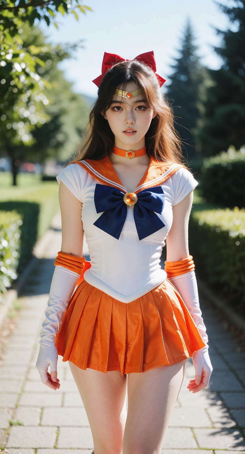 A photorealistic full-body photograph of a beautiful young East Asian woman dressed as Sailor Venus,  walking toward the c...