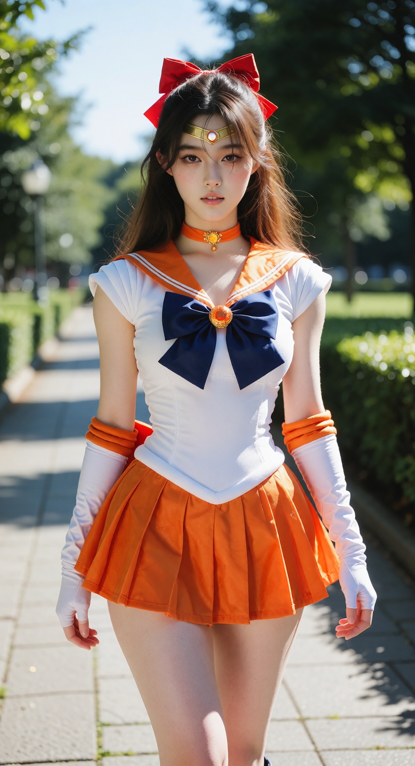 A photorealistic full-body photograph of a beautiful young East Asian woman dressed as Sailor Venus,  walking toward the c...