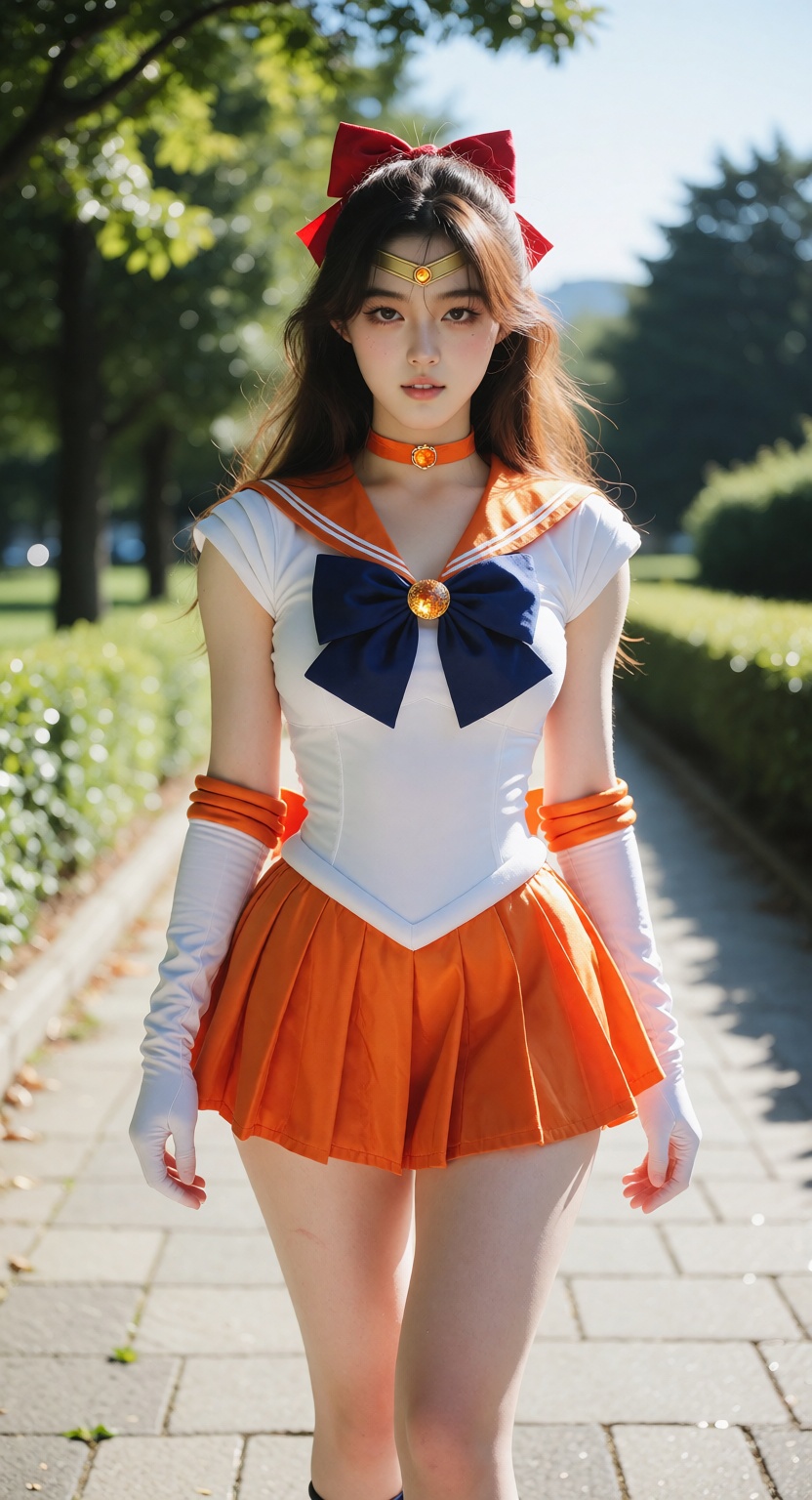 A photorealistic full-body photograph of a beautiful young East Asian woman dressed as Sailor Venus,  walking toward the c...