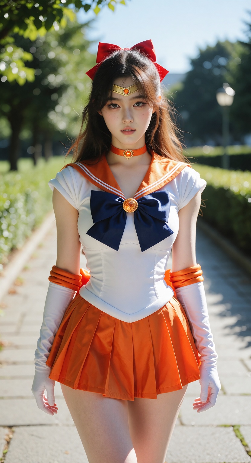 A photorealistic full-body photograph of a beautiful young East Asian woman dressed as Sailor Venus,  walking toward the c...