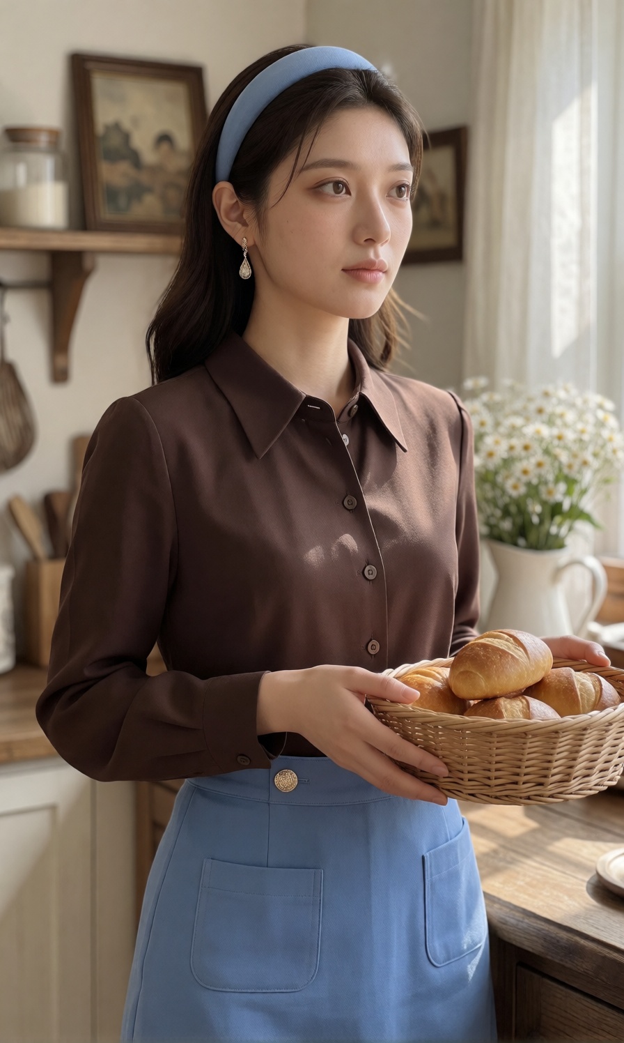 The young woman is standing in a three-quarter pose,  turning her body slightly while holding a woven basket of baked good...