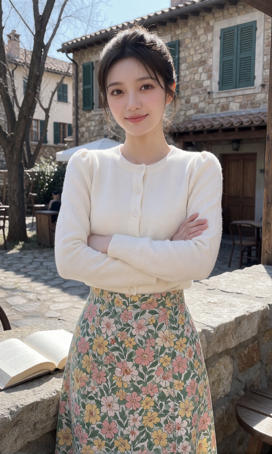 The young woman is standing with her arms crossed over her chest and looking directly toward the camera with a gentle smil...