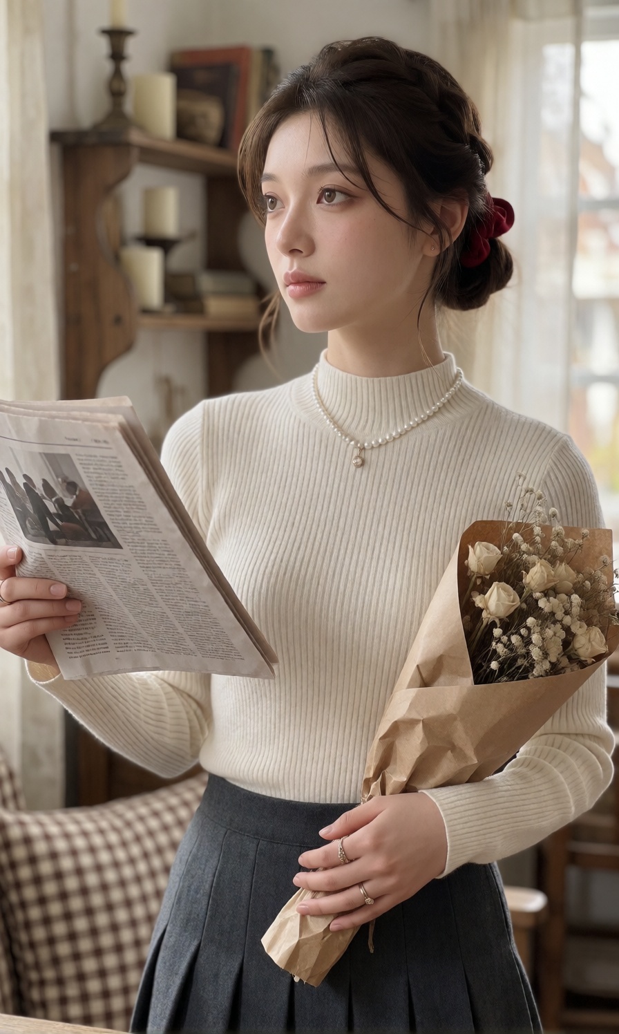 The young woman is standing facing slightly to her left,  holding an open newspaper in one hand and a wrapped bouquet of d...