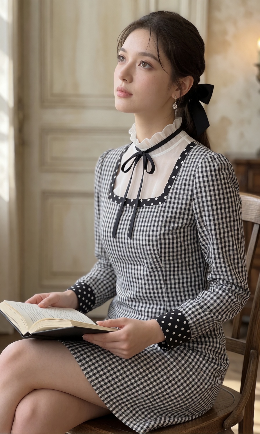The young woman is seated in profile view on a wooden chair with her legs crossed at the knees,  holding an open book rest...