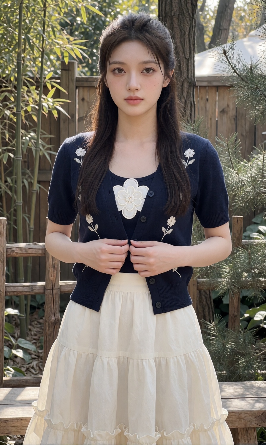 The young woman is standing facing forward with a calm expression,  holding the edges of her cardigan together near her wa...