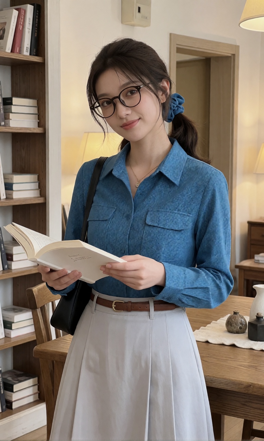 The young woman is standing facing forward with her body angled slightly to the side,  holding an open book in front of he...