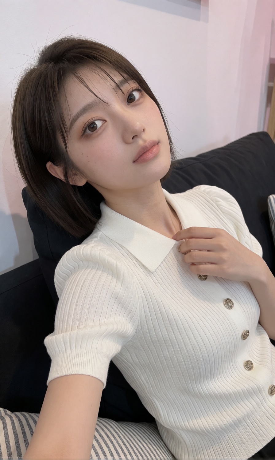 The young woman is captured in a high-angle selfie pose,  leaning back with her head tilted slightly as she gazes towards...