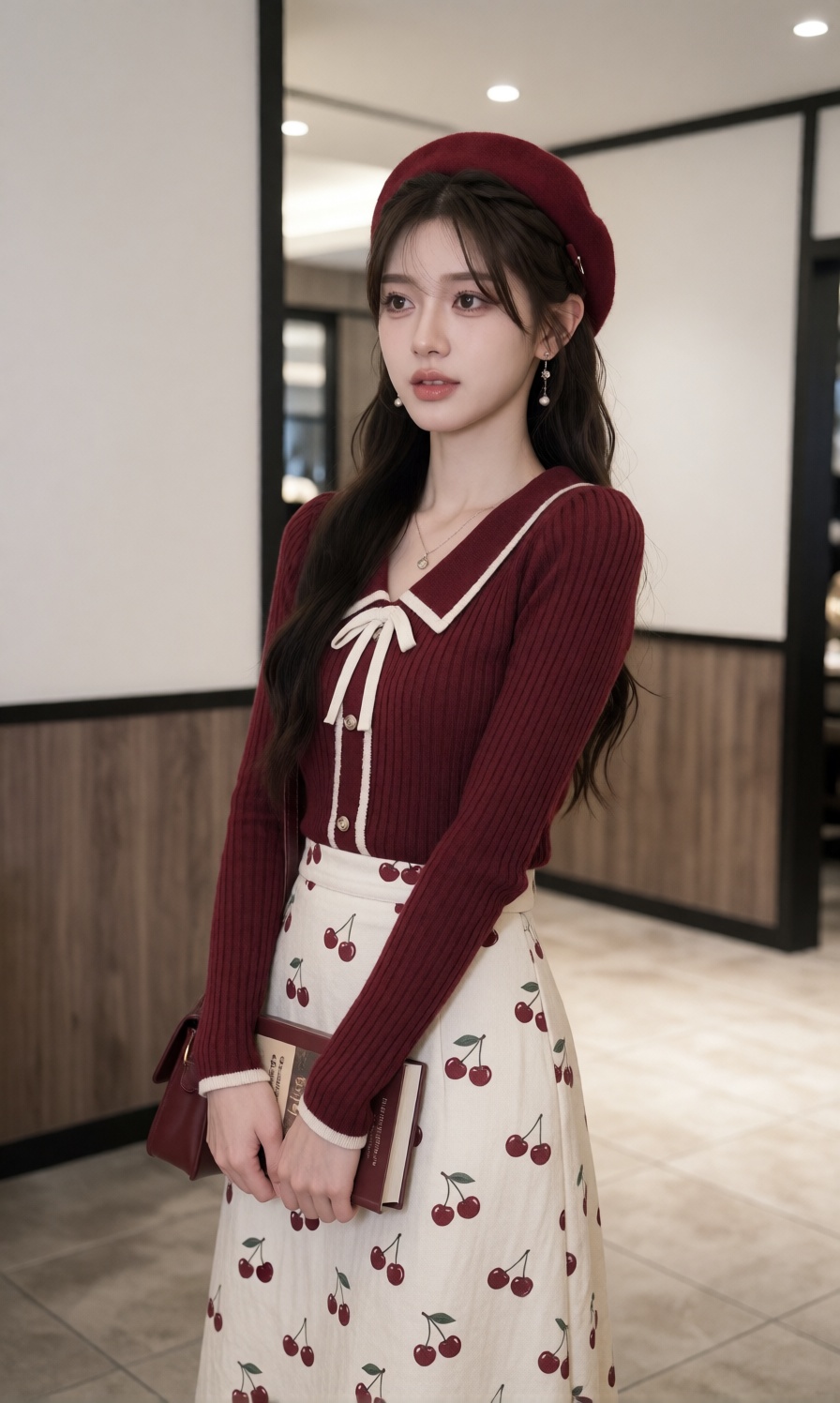 The young woman is standing angled slightly to her left,  looking off-camera with a thoughtful expression while holding a...