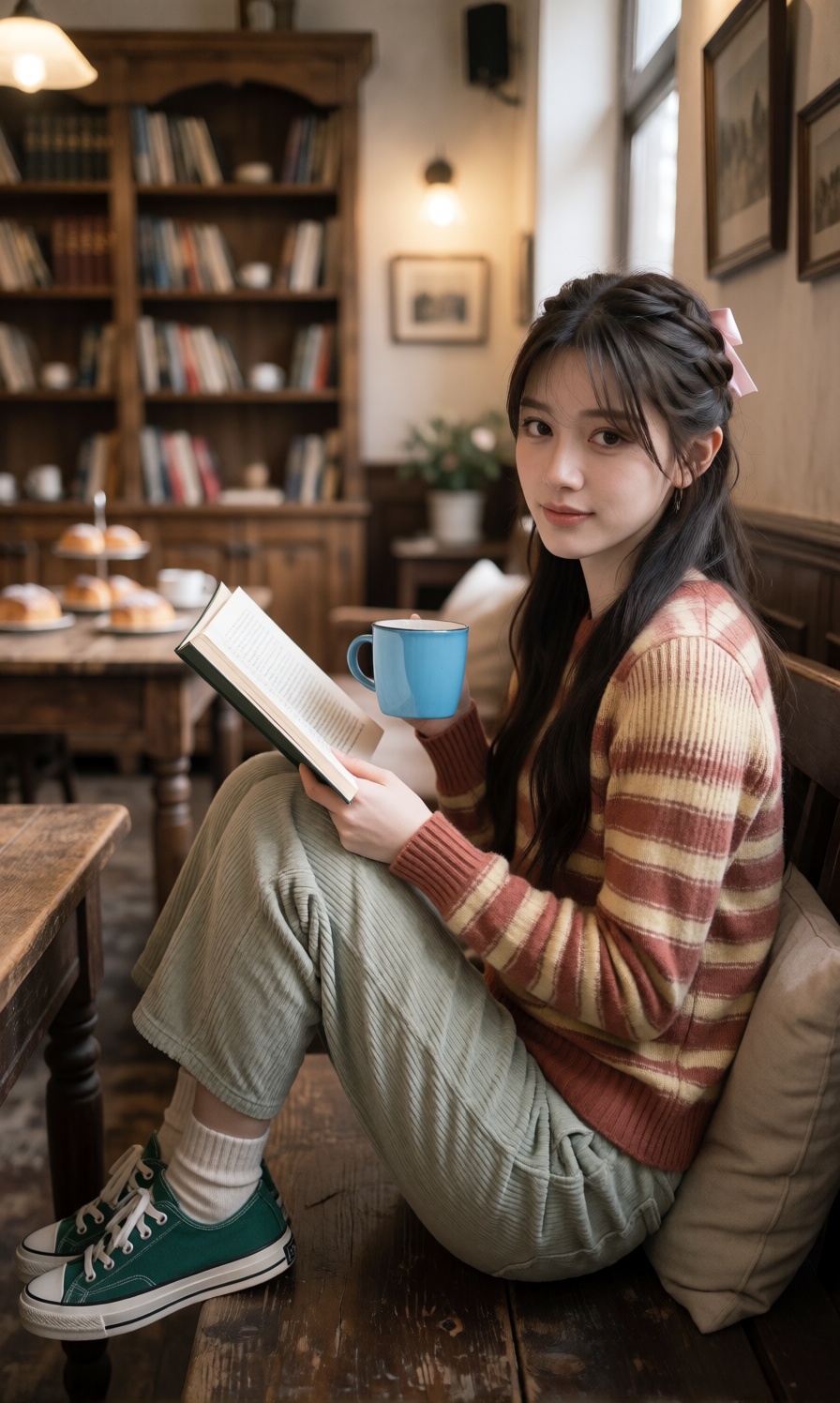 The young woman is seated sideways on a wooden bench,  leaning against a cushion with her knees pulled up,  holding an ope...