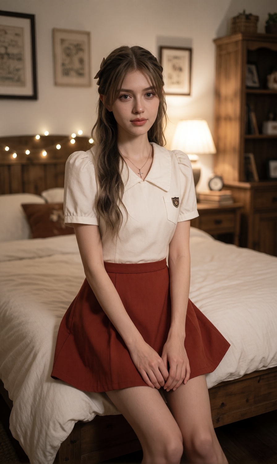 The young woman is sitting upright on the edge of a bed,  looking directly forward with a neutral,  gentle expression and...