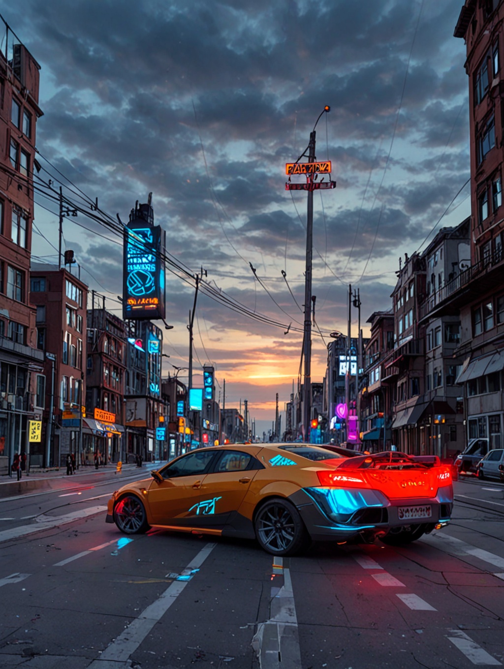 A wide dynamic shot of starcity_alpha featuring a futuristic multi-level highway interchange with sleek magnetic levitatio...