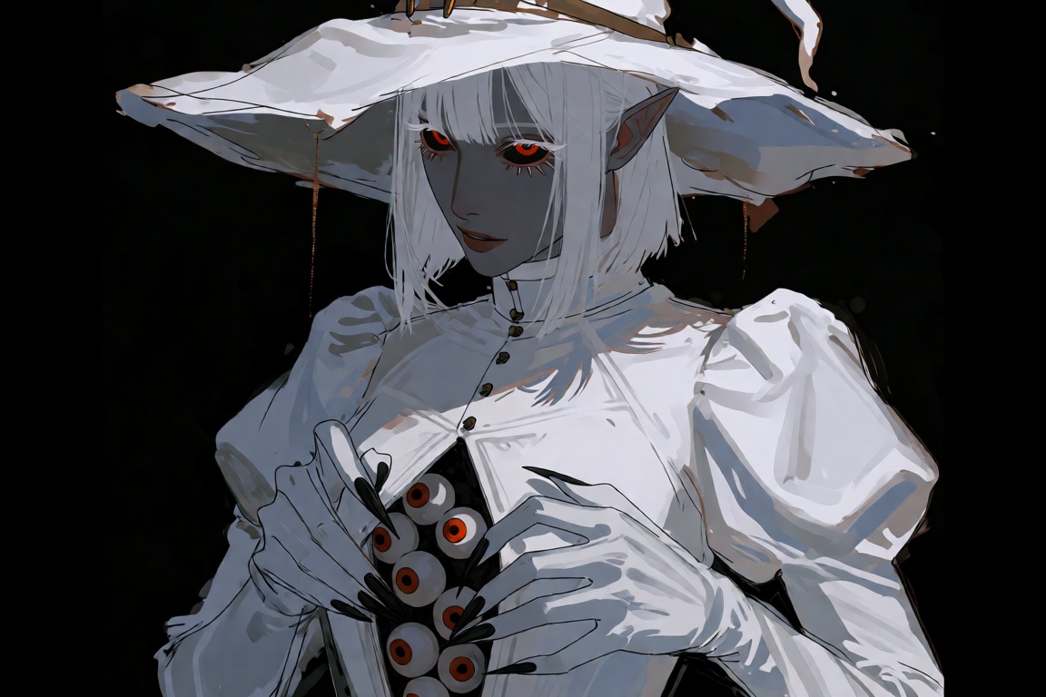 A vertical painterly dark-fantasy illustration of a witch-like figure isolated against a pure black void. She has pale gra...