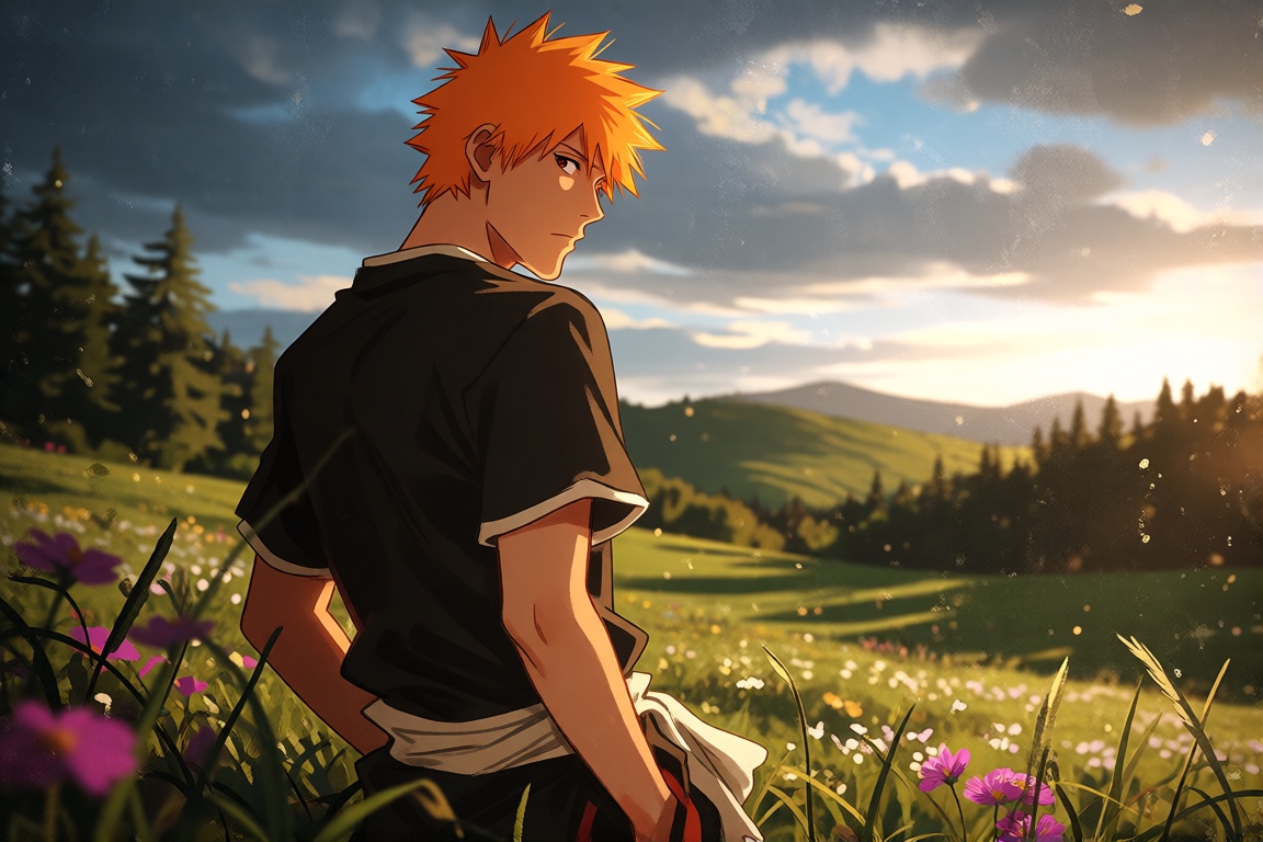 A square mixed-media image fusing a full-color manga character cutout of Ichigo Kurosaki from Bleach with a photorealistic...