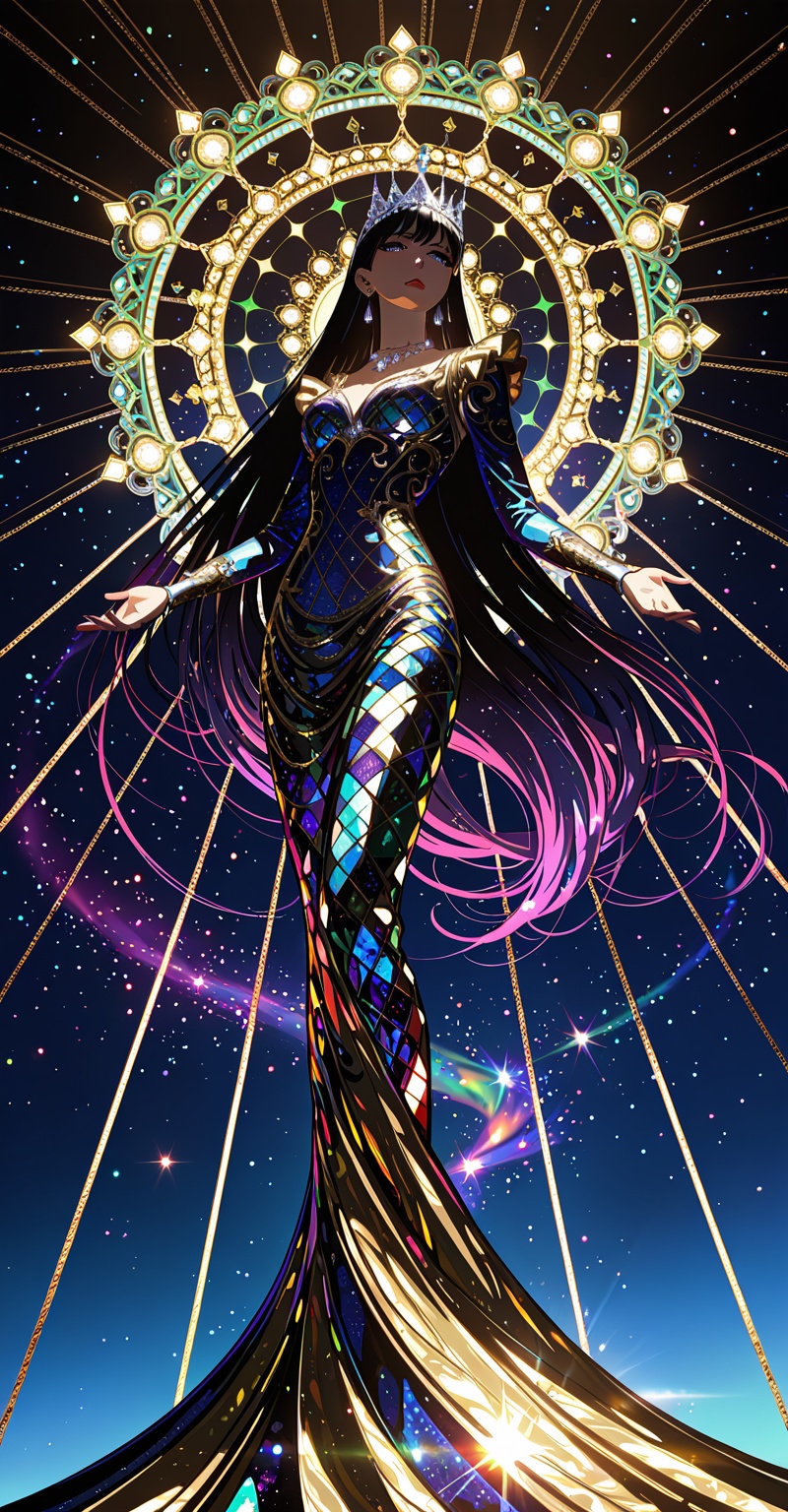 Full body portrait of an elegant woman from attached photo,  become a beauty queen standing gracefully,  looking back over...