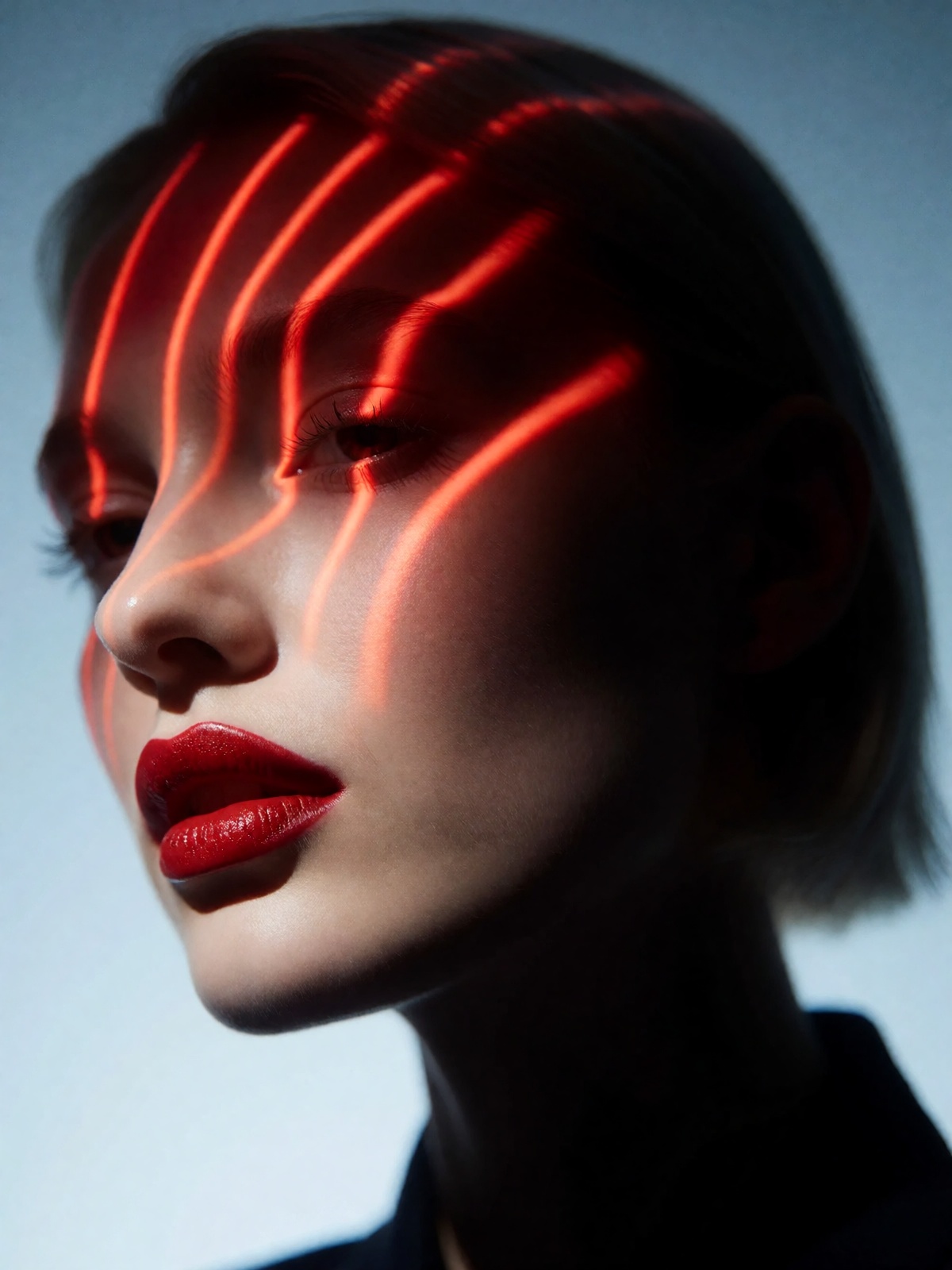 A close-up photograph of a woman's profile with striking visual effects. The subject has light skin and red lipstick that...