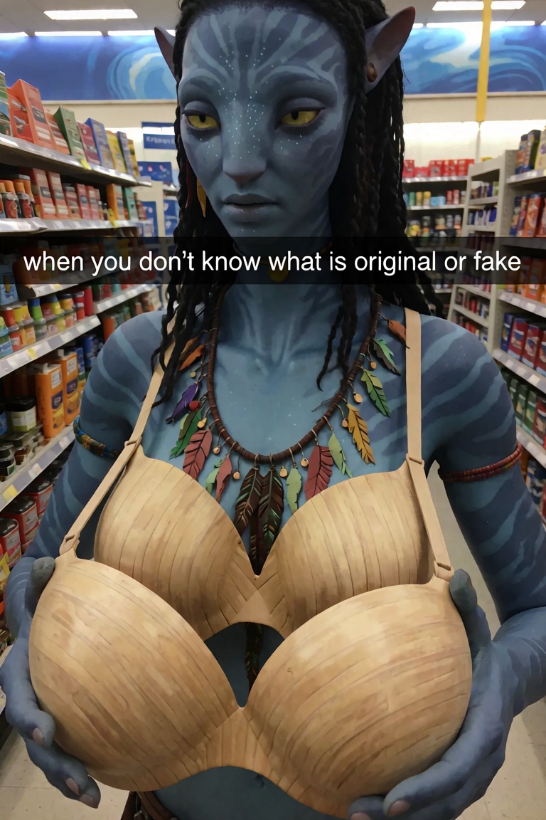 An Amateurish low resolution and low quality photo shot on iphone 6 of Neytiri from avatar at the supermarket looking at b...