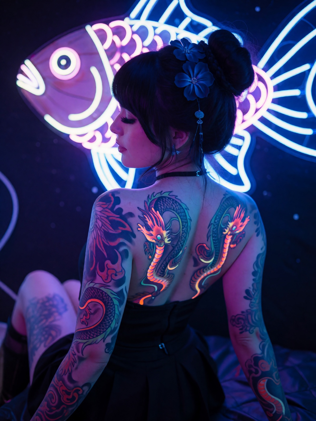 A photograph of a tattooed woman sitting with her back partially turned towards the camera,  illuminated by vibrant blue a...