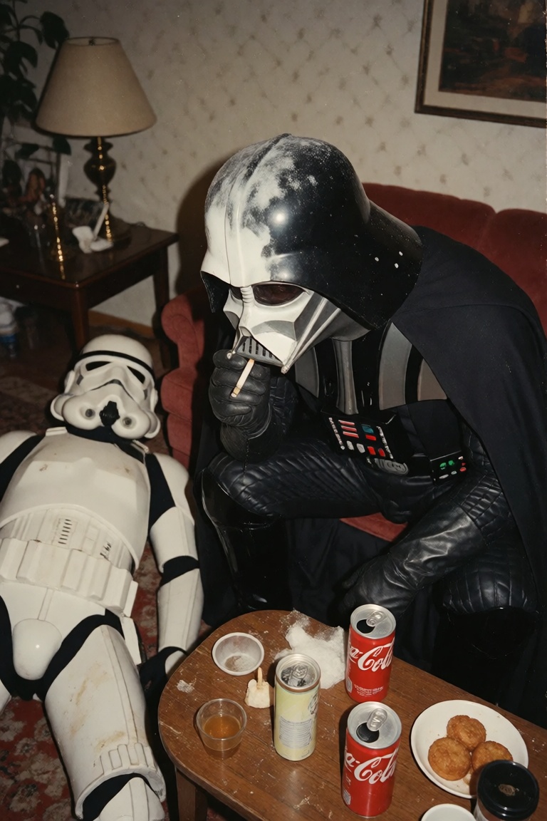 Retro old snapshot photo of dart Vader sneefing coca,  leaning forward to the table sitting on the couch with his mask hal...